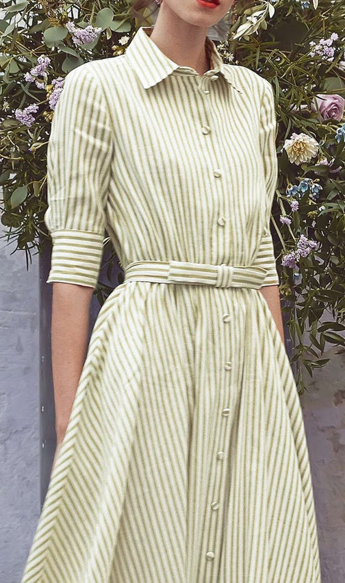 Effortless Chic: Green & White Striped Belted Maxi Shirt Dress for Women
