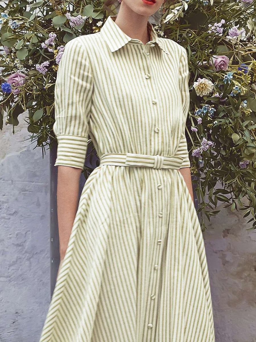 Effortless Chic: Green & White Striped Belted Maxi Shirt Dress for Women