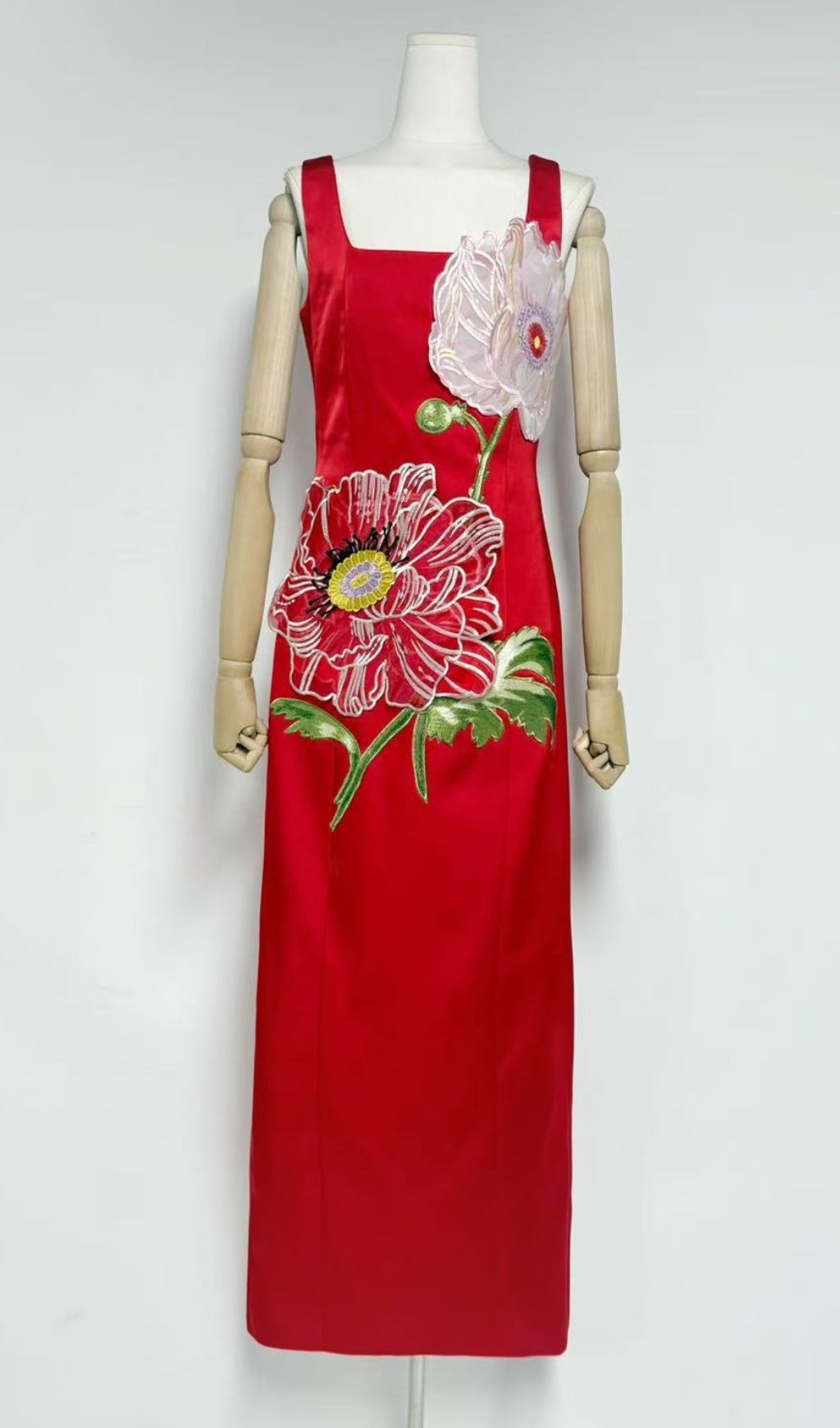 Karin Elegant Floral Embroidered Maxi Dress - Strappy Square Neck Gown