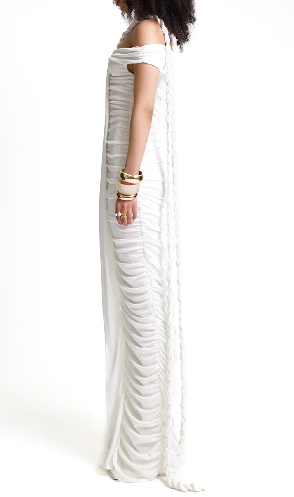 Buddug White Bardot Ruched Maxi Dress