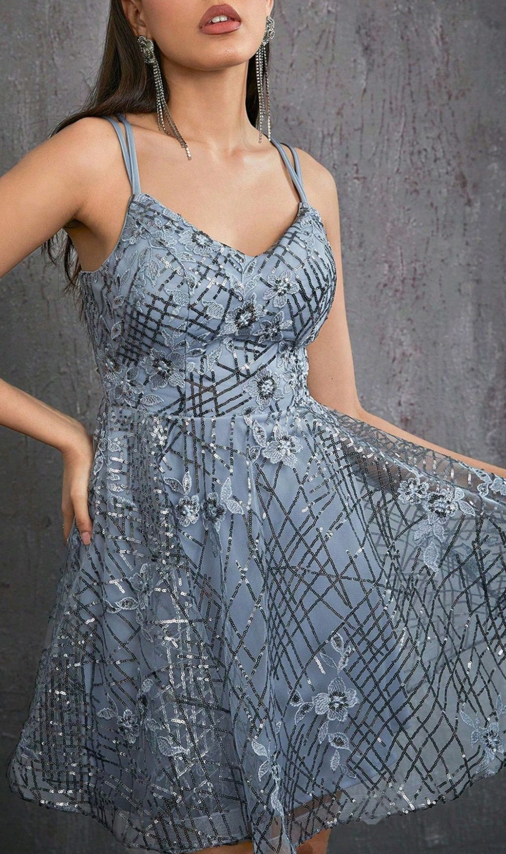 Harumi Grey Strappy Flower Embroidery Mini Dress