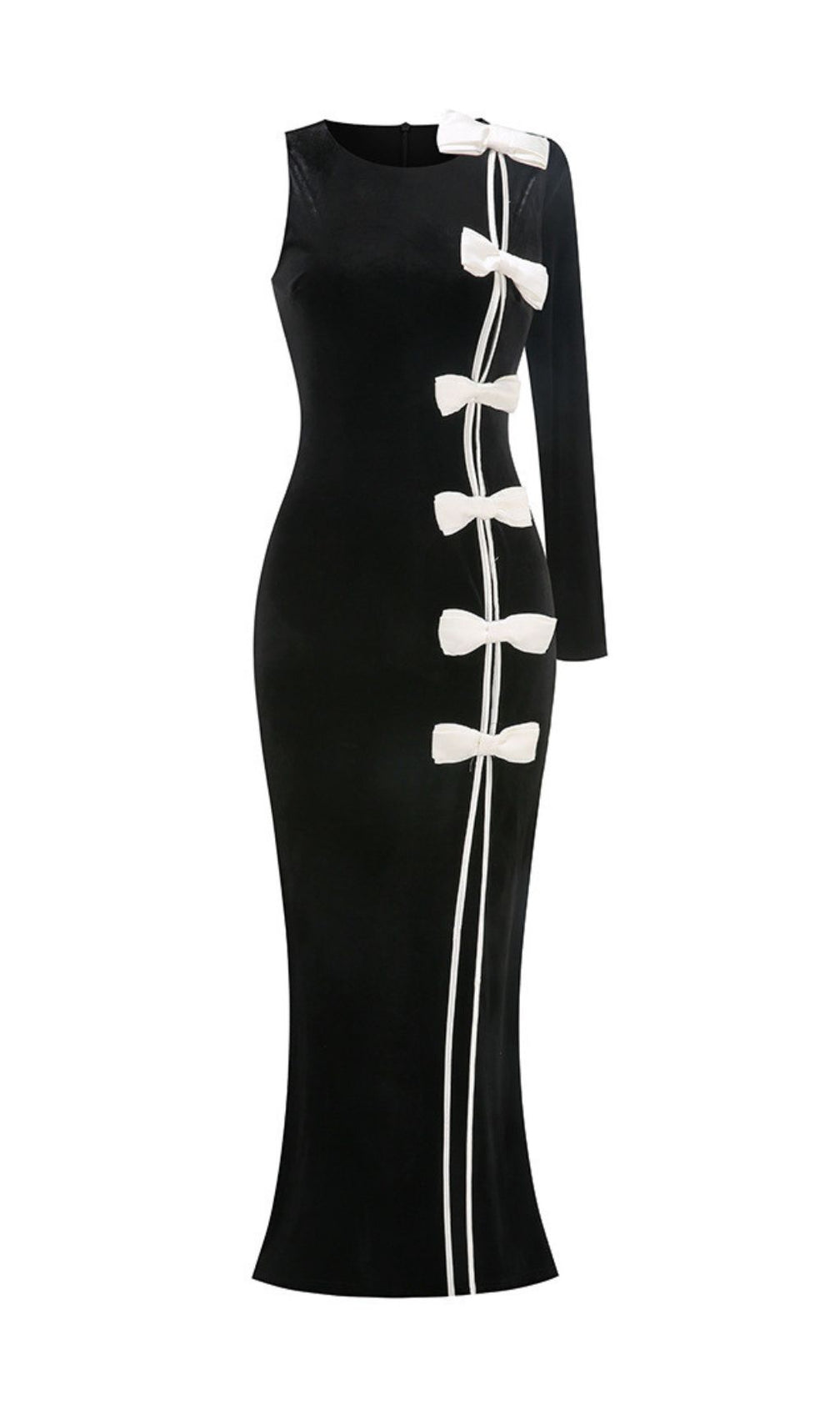 Joyce Black Velvet One-Sleeve Bow Maxi Gown | Statement Slit Dress