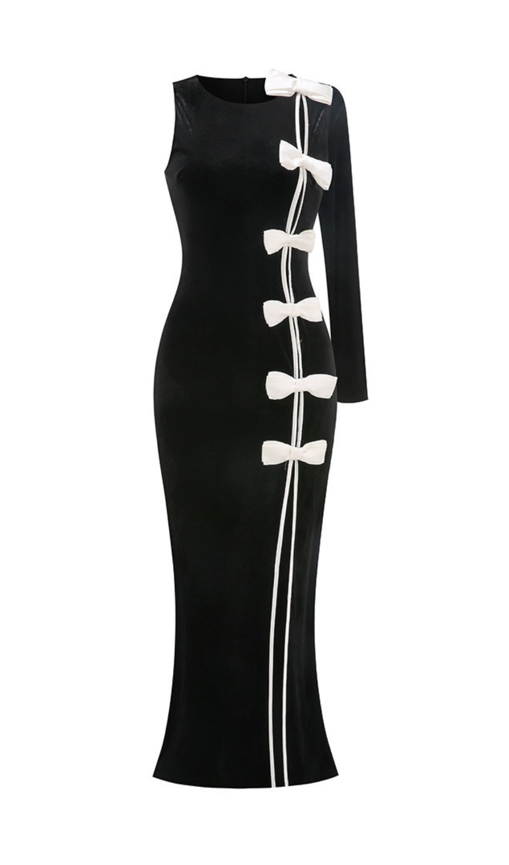 Joyce Black Velvet One-Sleeve Bow Maxi Gown | Statement Slit Dress