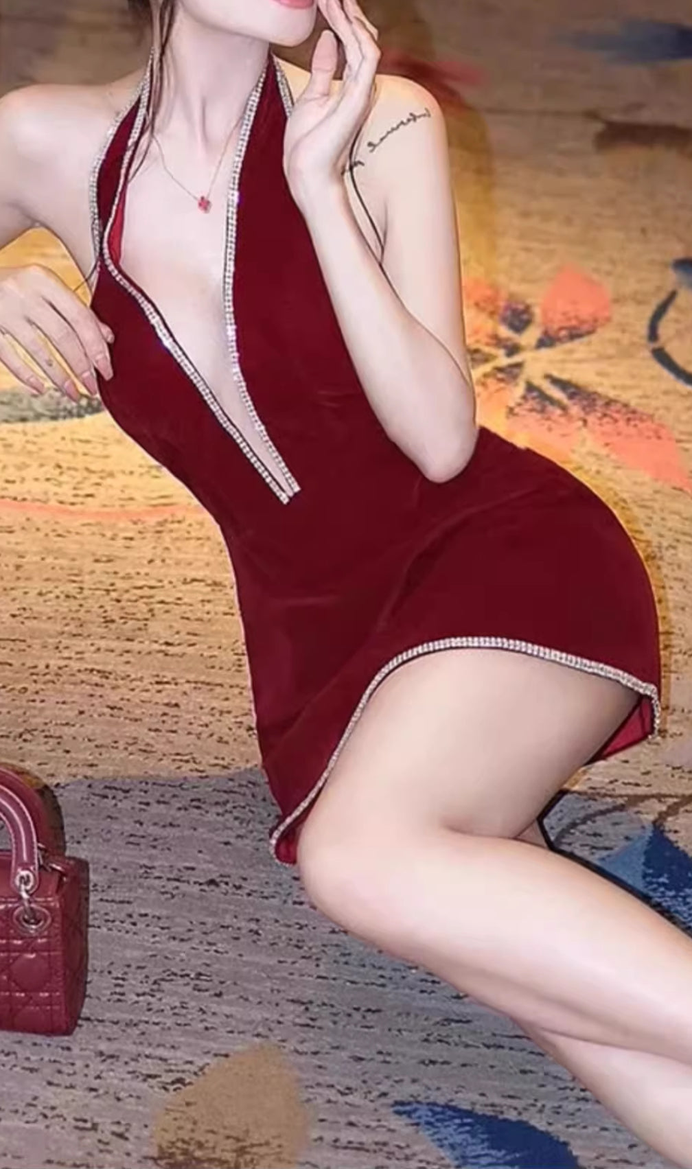 Elissa Red Halter Diamond Backless Mini Dress