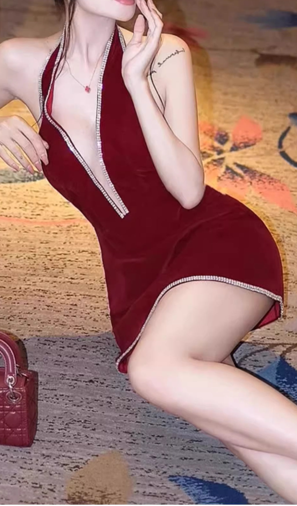 Elissa Red Halter Diamond Backless Mini Dress