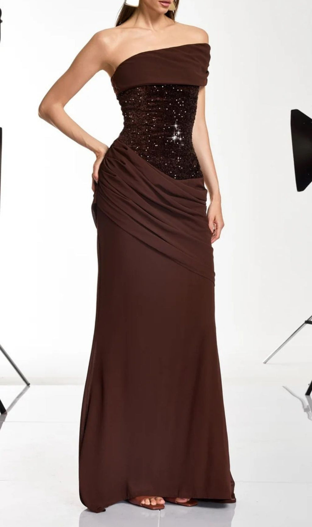 Neravo One Shoulder Sequin Ruched Maxi Dress
