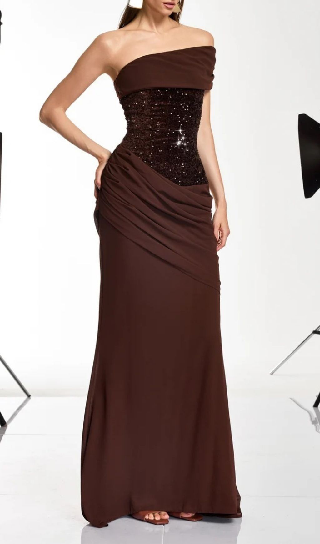 Neravo One Shoulder Sequin Ruched Maxi Dress