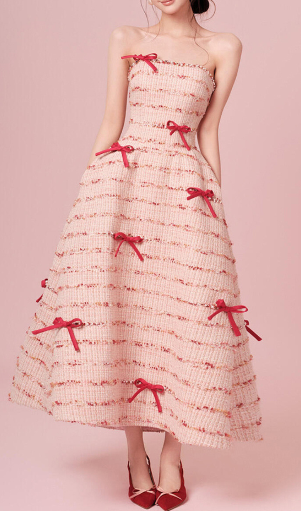 Ganya Strapless Bow Beaded Midi Dress