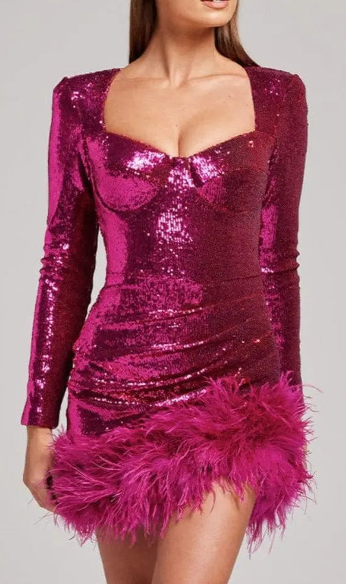 Sequin Feather-Trim Long Sleeve Mini Dress