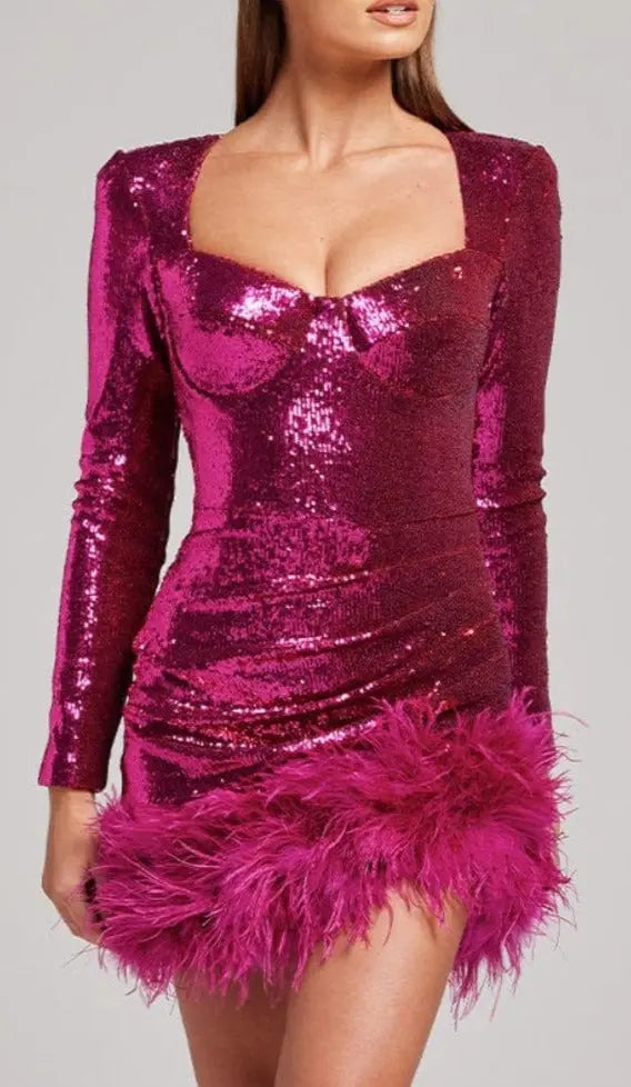 Sequin Feather-Trim Long Sleeve Mini Dress