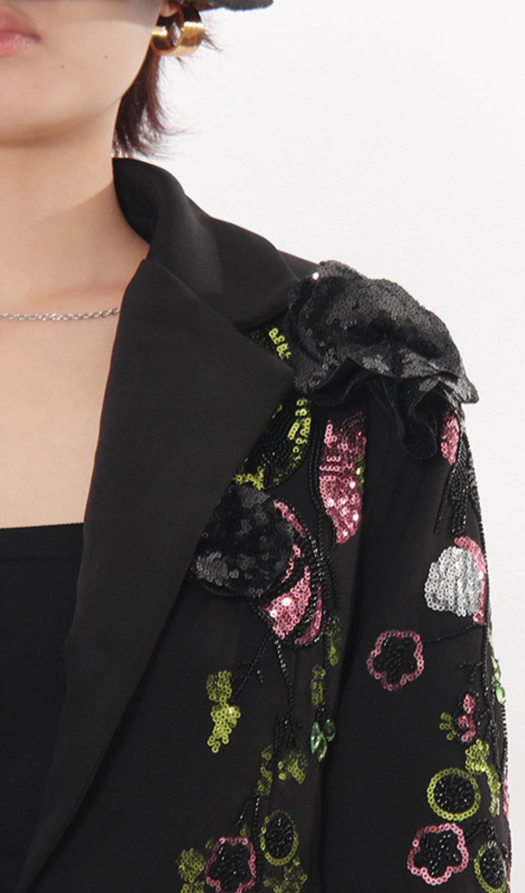 Ifama Black Sequin Floral Blazer - Women's Glam Statement Jacket