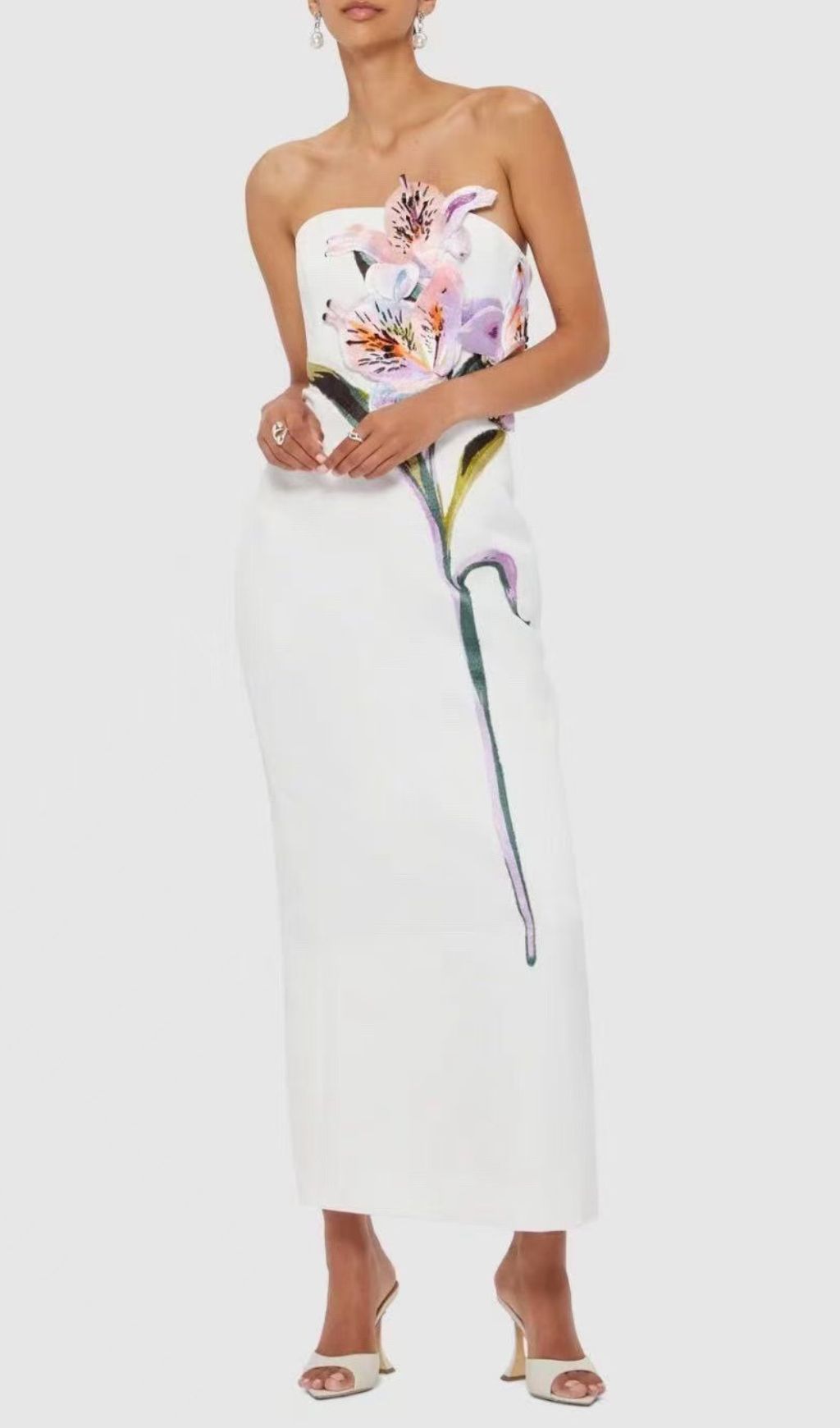 Jeneve Strapless 3D Floral Midi Dress | Elegant Magenta Statement Gown