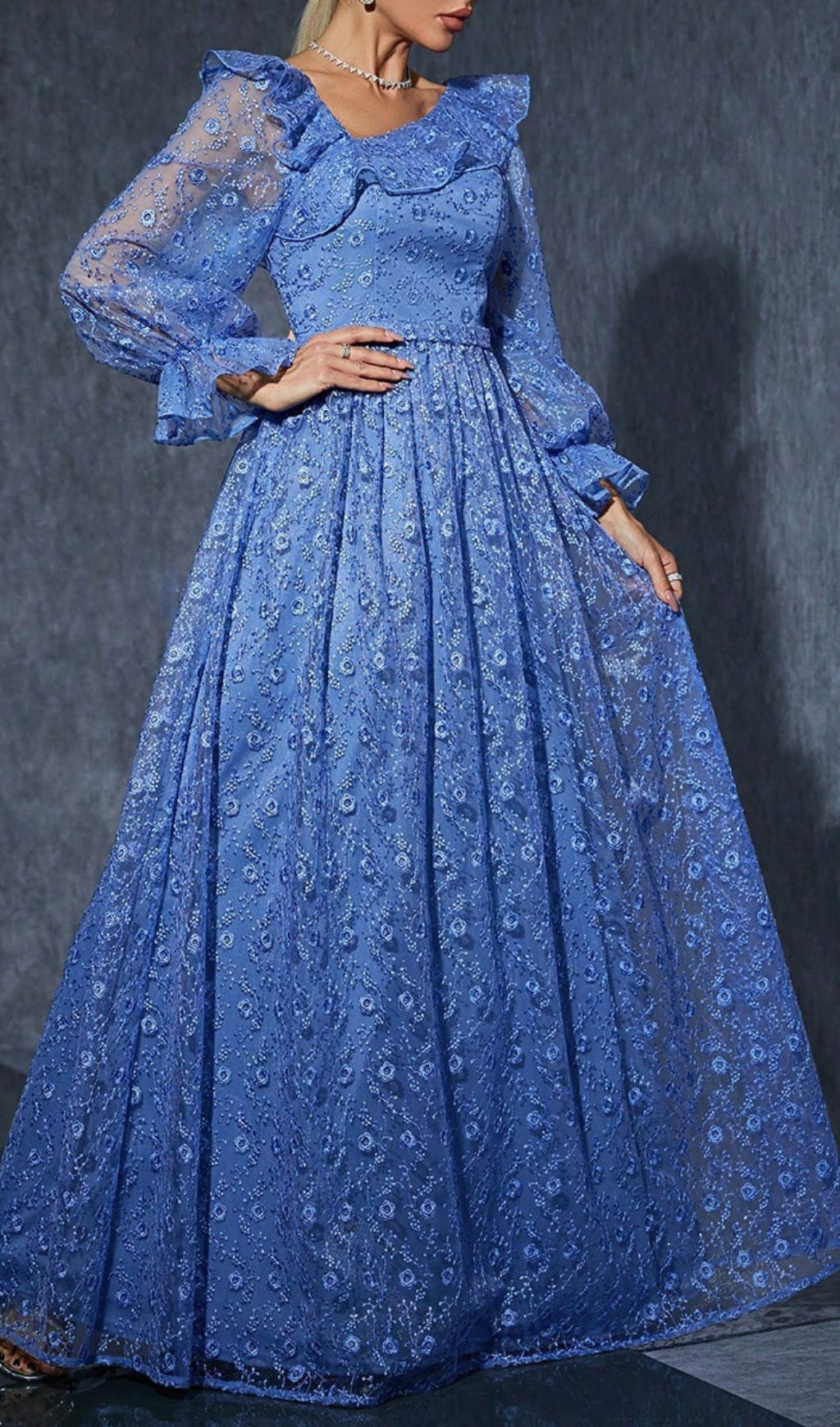 Doe Blue Floral Embroidery Long Sleeve Maxi Dress