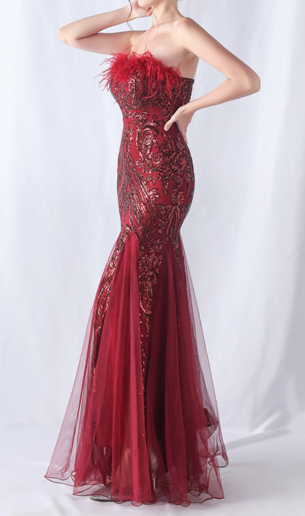 Choire Red Sequin Feather Maxi Dress
