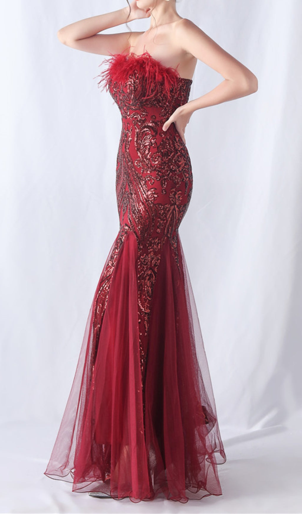 Choire Red Sequin Feather Maxi Dress