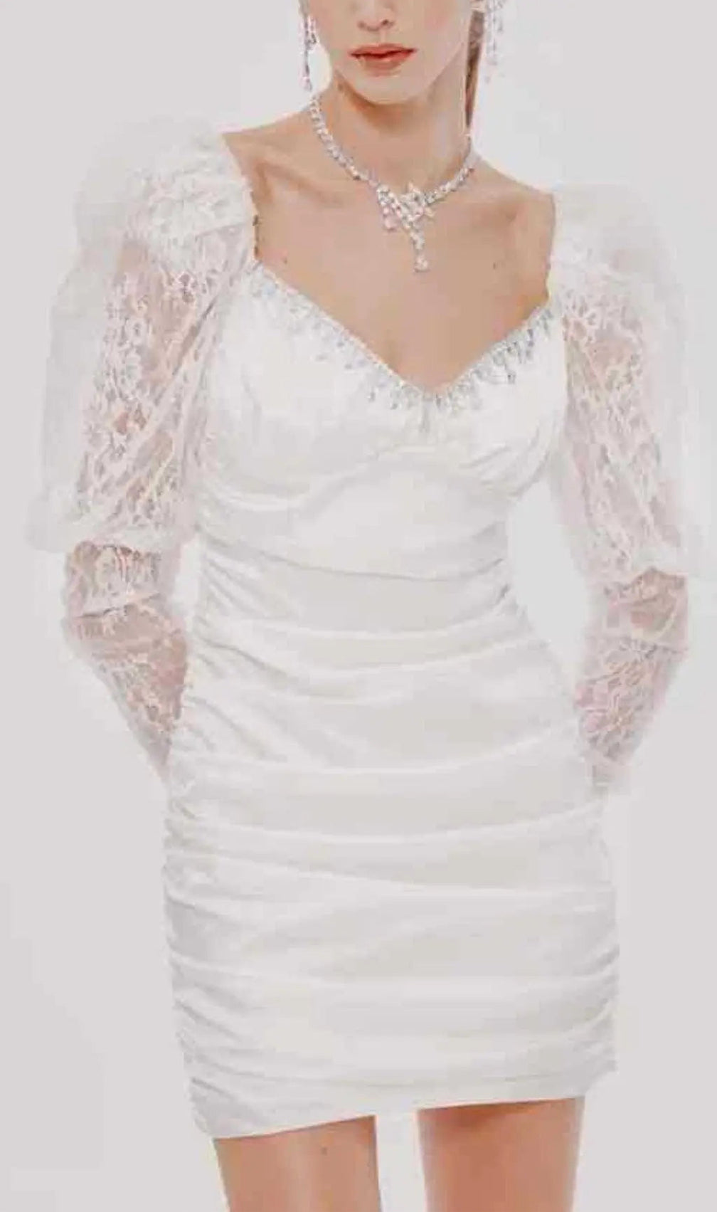 Pleated Dress With Lace Puffed Sleeves In White