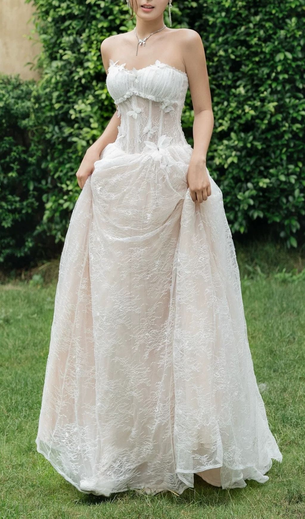 Keilani Elegant White Strapless Lace Maxi Dress | Butterfly Applique Bridal Gown