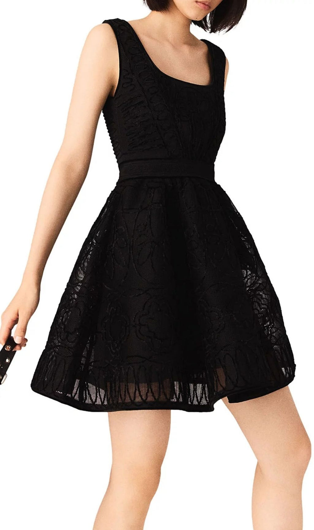 Chic Floral Embroidered Black Lace Skater Dress with Pockets - Square Neck Design