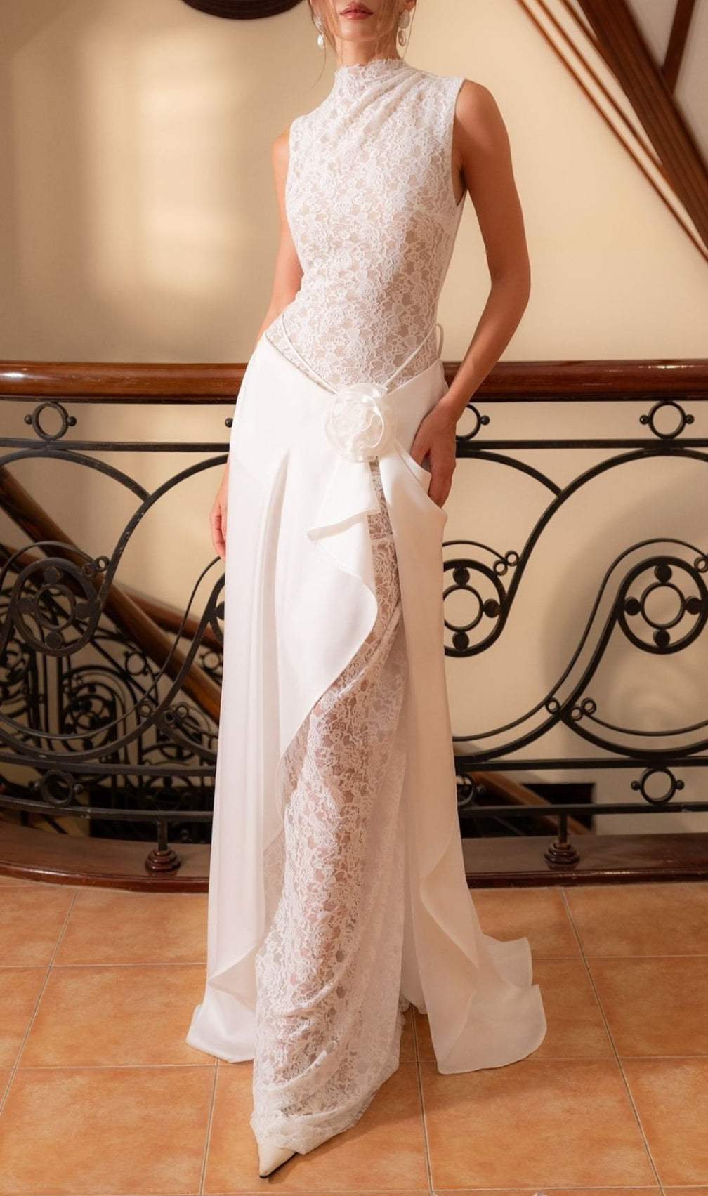 Jazmín Ethereal White Lace & Satin Maxi Dress - Modern Bridal, Gala & Special Occasion Gown