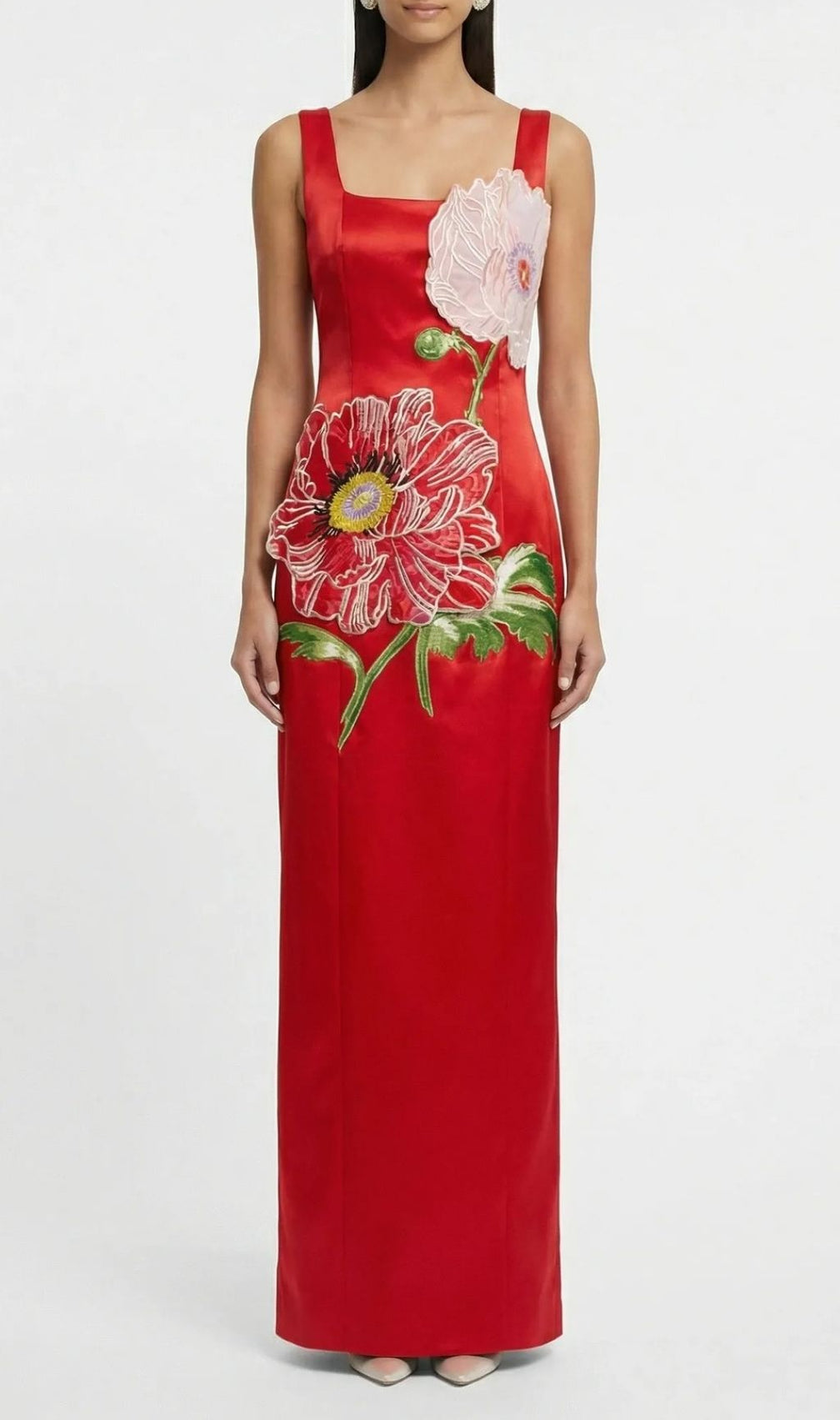 Karin Elegant Floral Embroidered Maxi Dress - Strappy Square Neck Gown