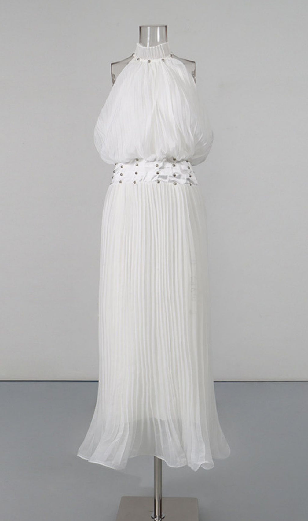 Brithoran Elegant Studded Halter Pleated Maxi Dress