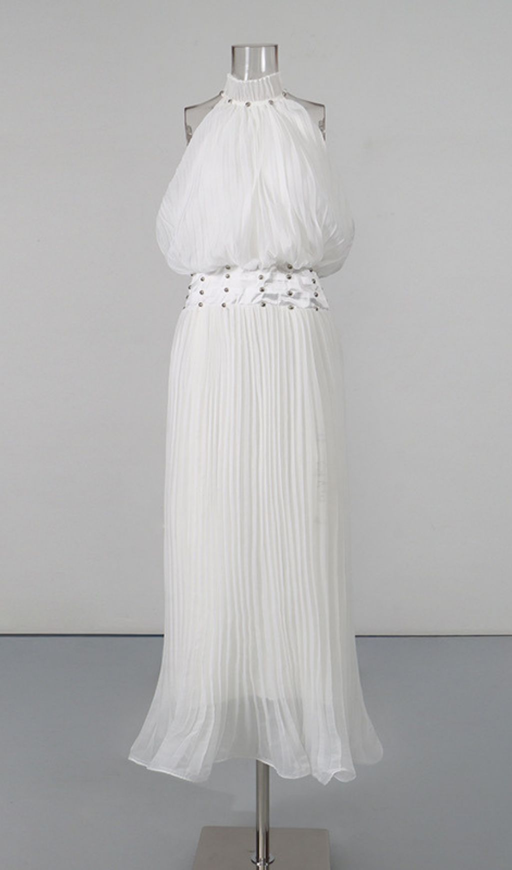Brithoran Elegant Studded Halter Pleated Maxi Dress