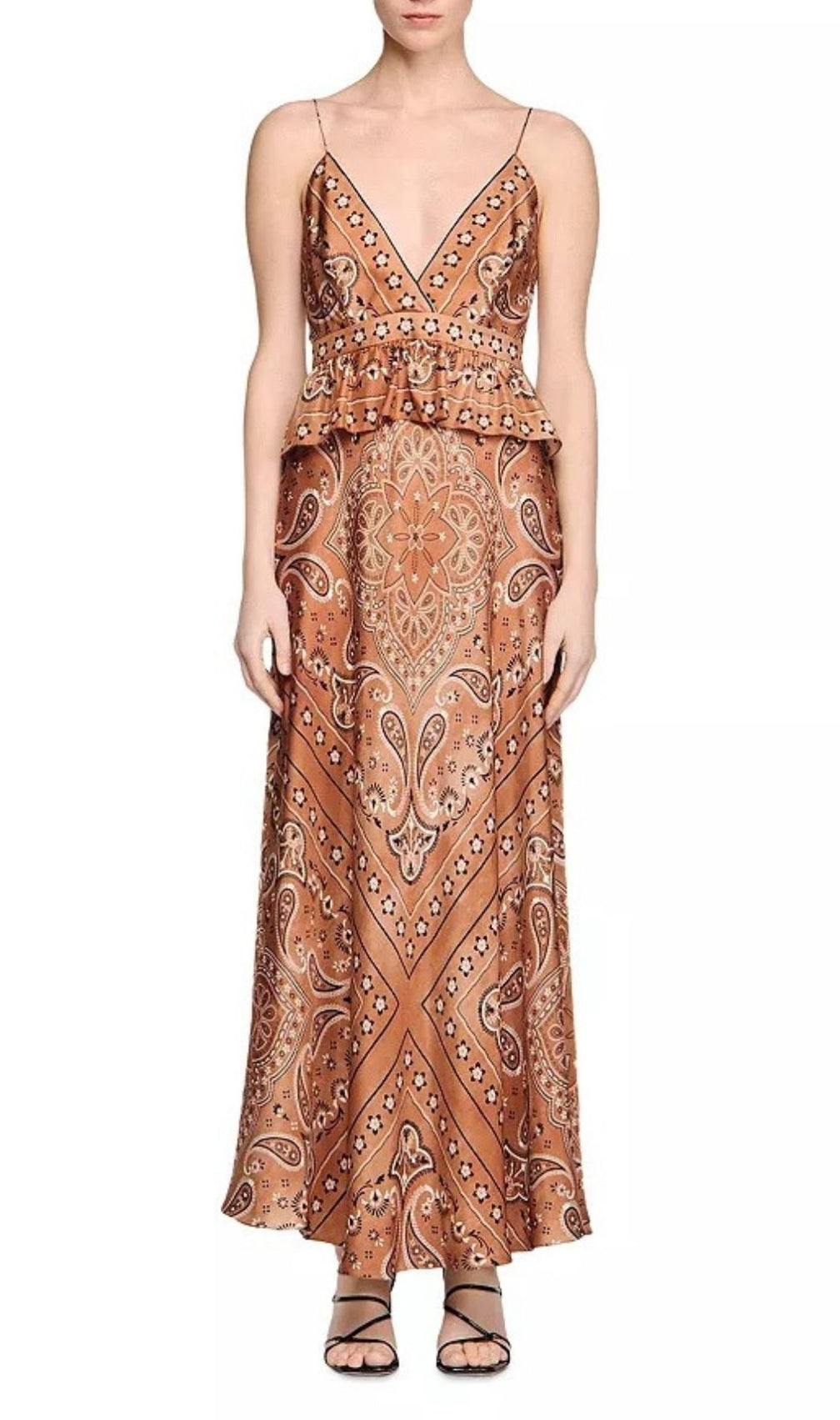 Chic Boho Bandana Print Maxi Dress | Satin Peplum & Open Back for Women