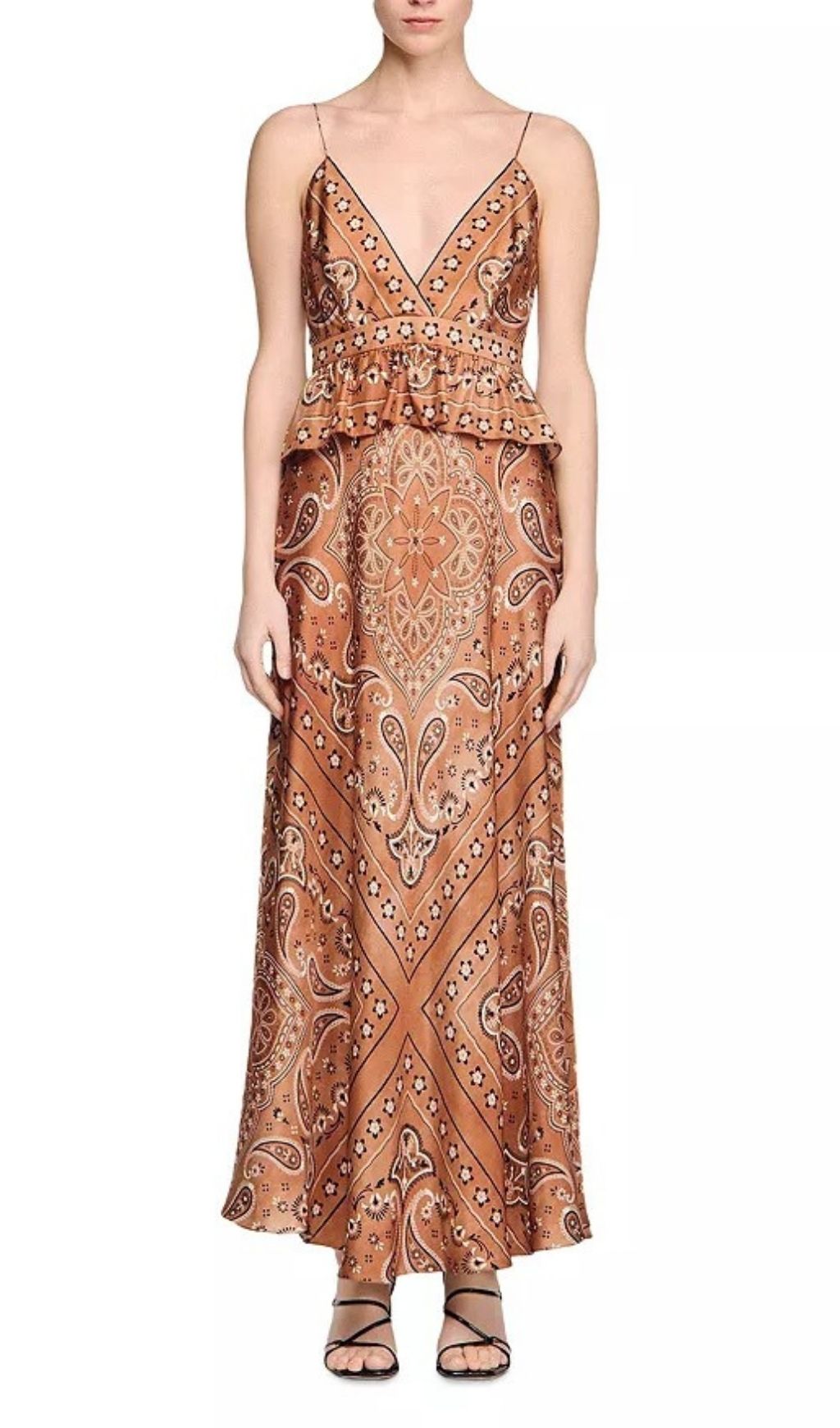 Chic Boho Bandana Print Maxi Dress | Satin Peplum & Open Back for Women