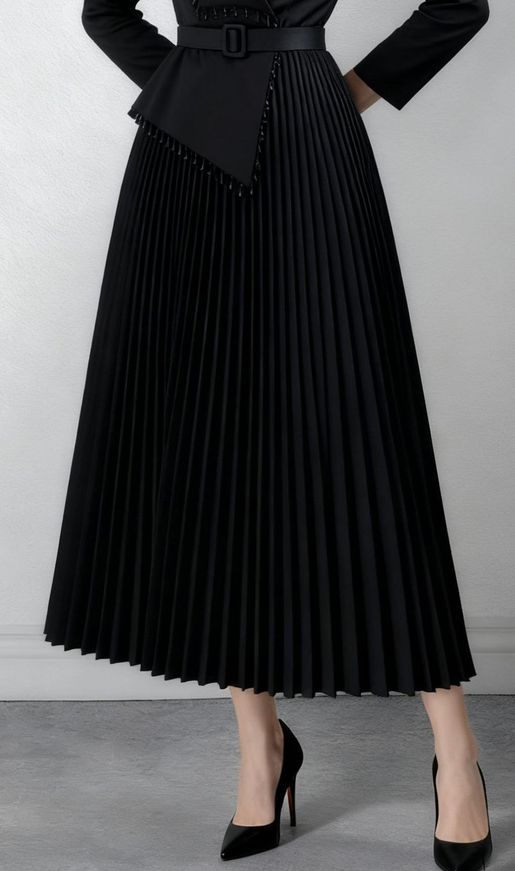 Ino Black Elegant Wrap Midi Dress - Long Sleeve & Pleated for Sophisticated Style