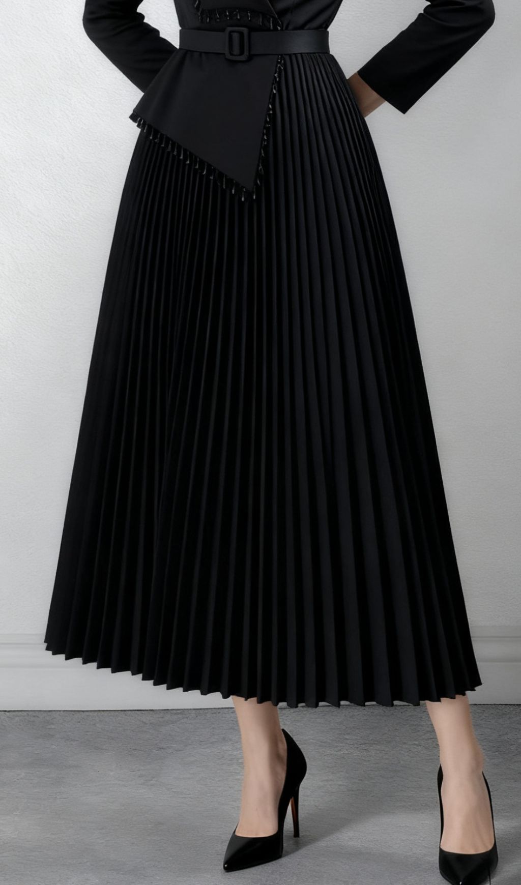 Ino Black Elegant Wrap Midi Dress - Long Sleeve & Pleated for Sophisticated Style