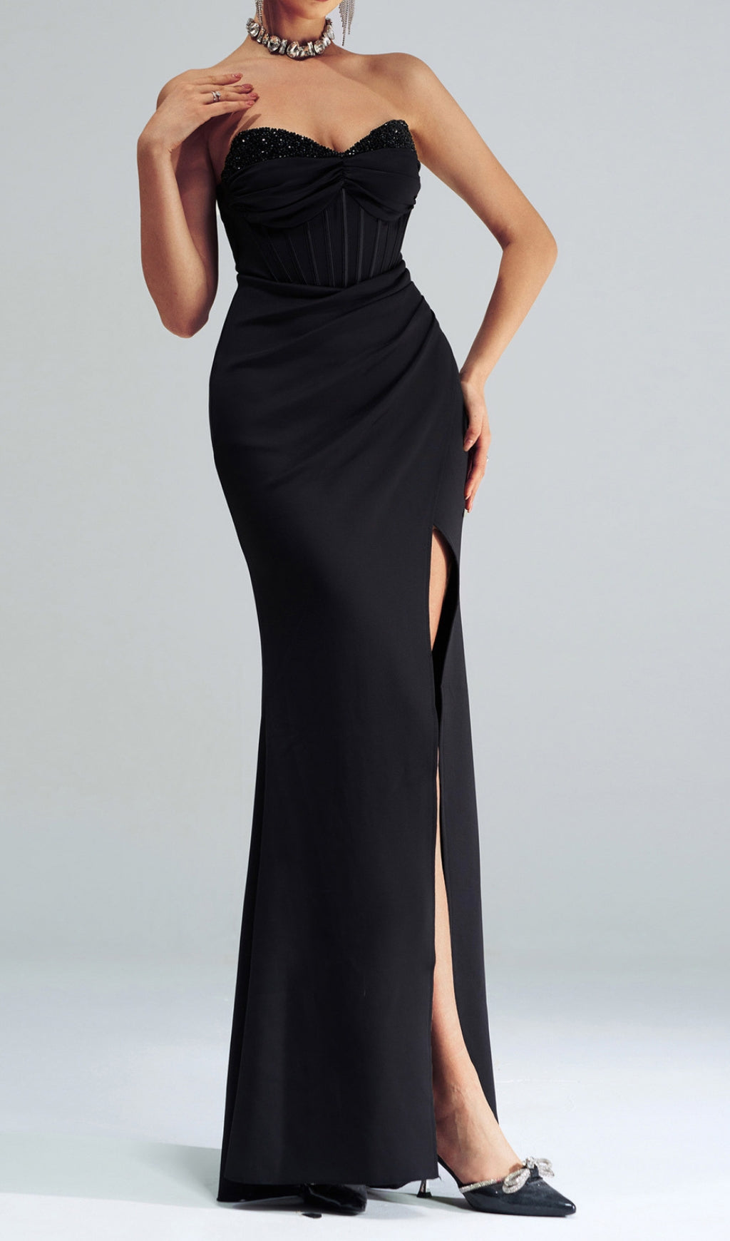 Catiche Black Strapless Corset Maxi Dress