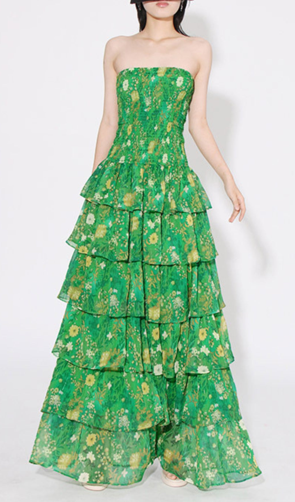 Bela Green Strapless Floral Ruffle Maxi Dress