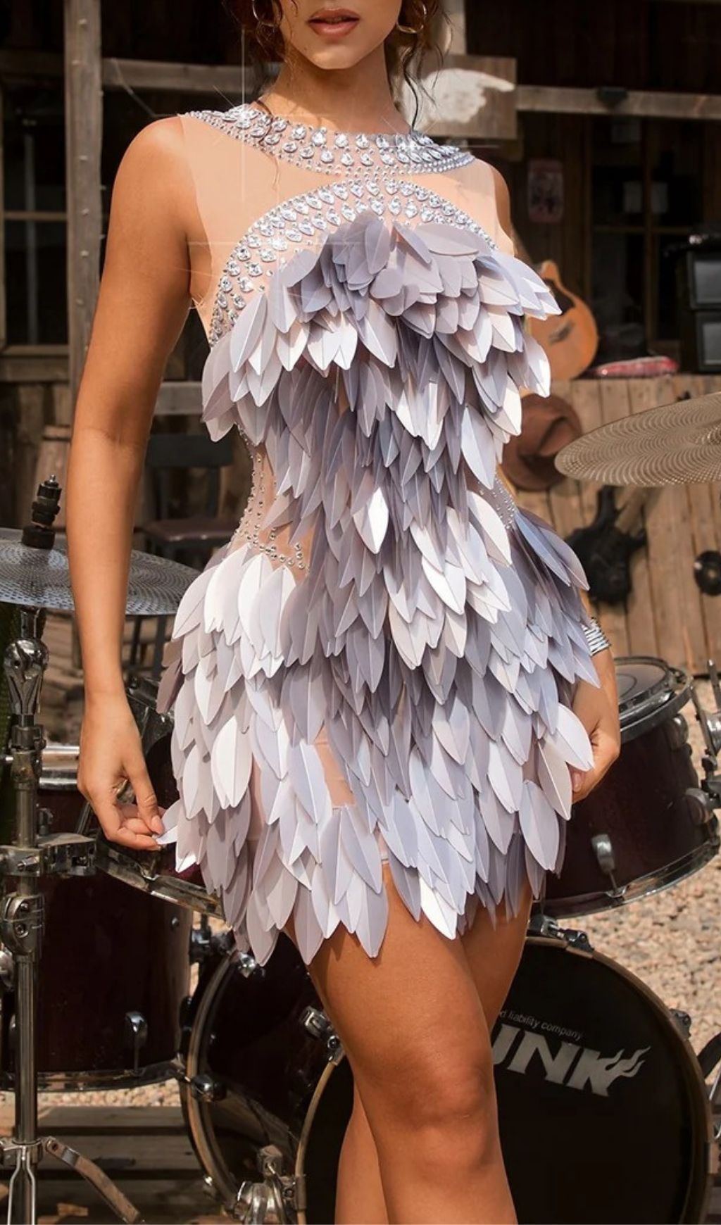 Quistel Dazzling Crystal Leaf Mini Dress | Glam Sleeveless Party Gown