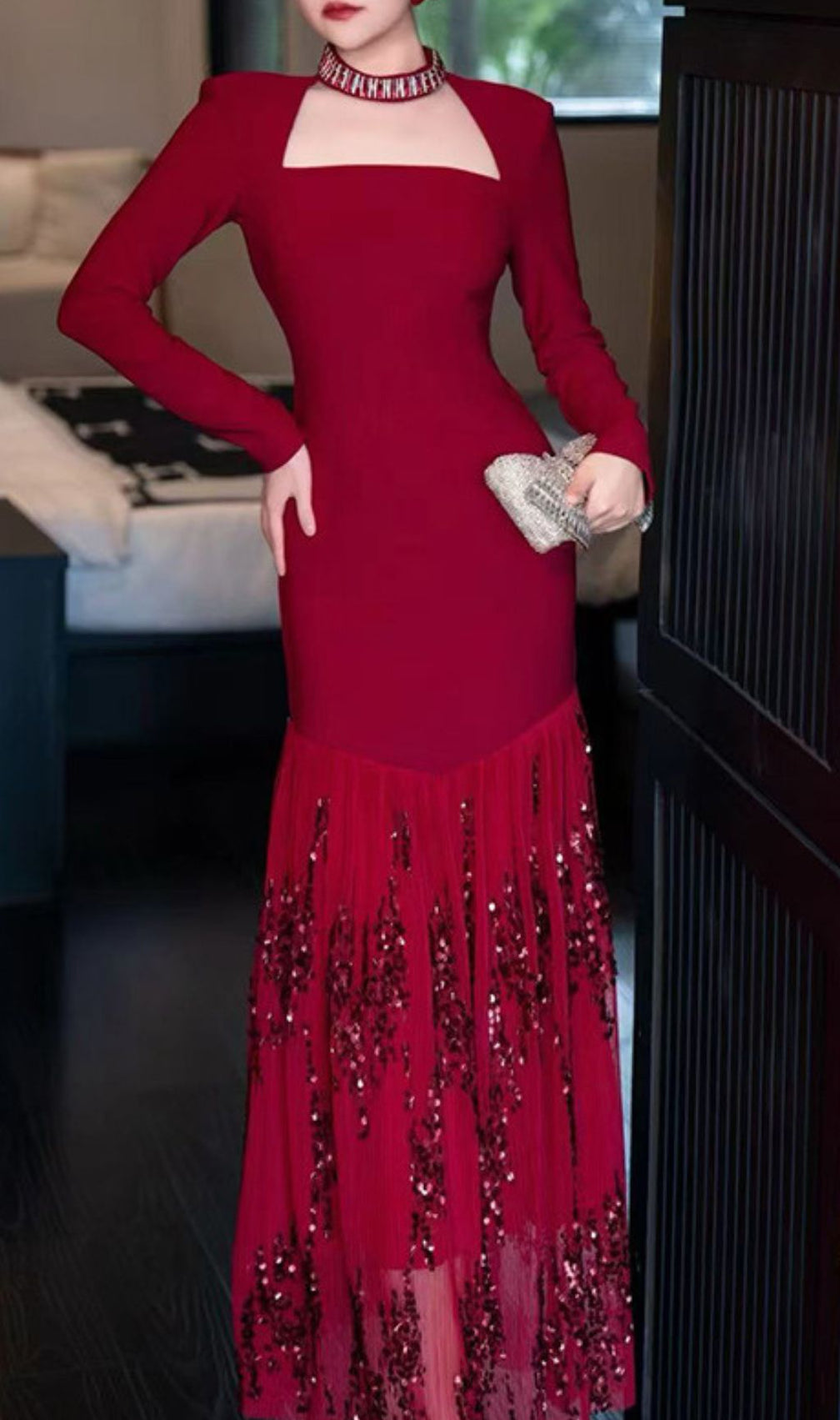 Ioana Glamorous Red Sequin Long Sleeve Maxi Dress - Elegant Square Neck Evening Gown