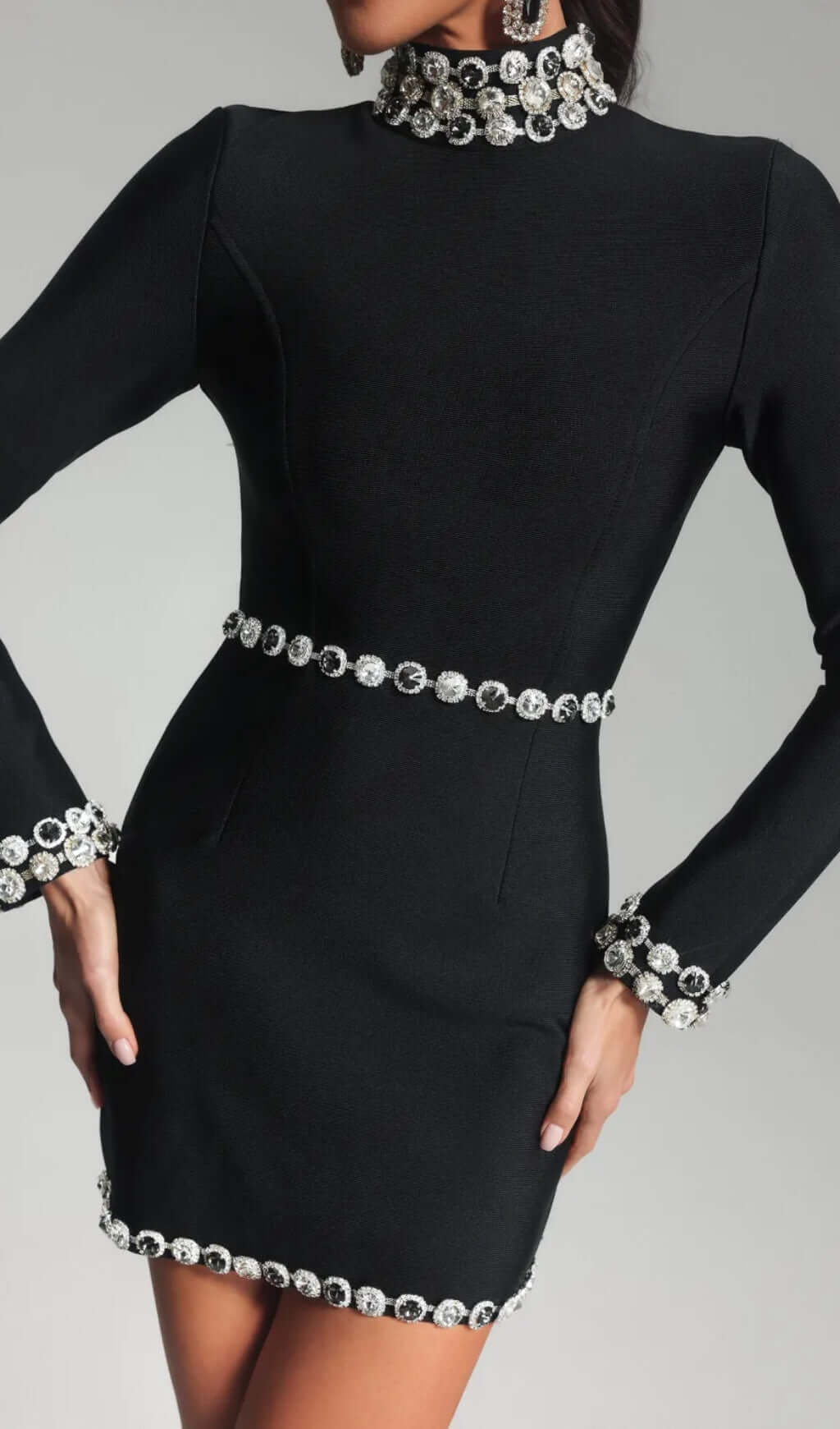 Bethel Black Long Sleeve Crystal Trim Mini Dress