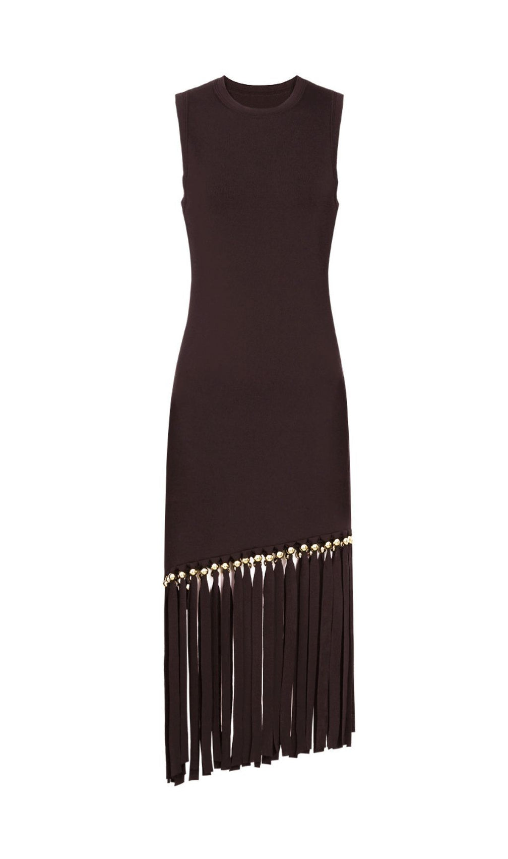 Chic Black Sleeveless Knit Midi Dress with Gilded Tassel Fringe