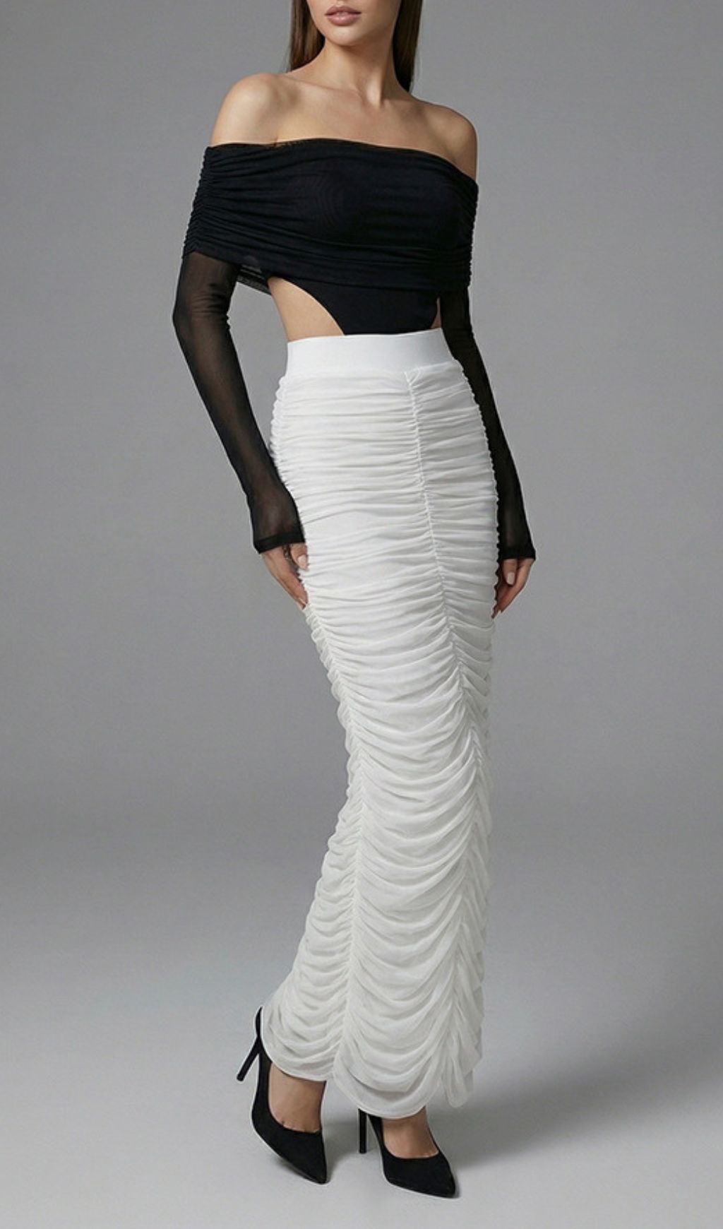 Joplin Elegant Off-Shoulder Cutout Bodysuit & Ruched Maxi Skirt Set