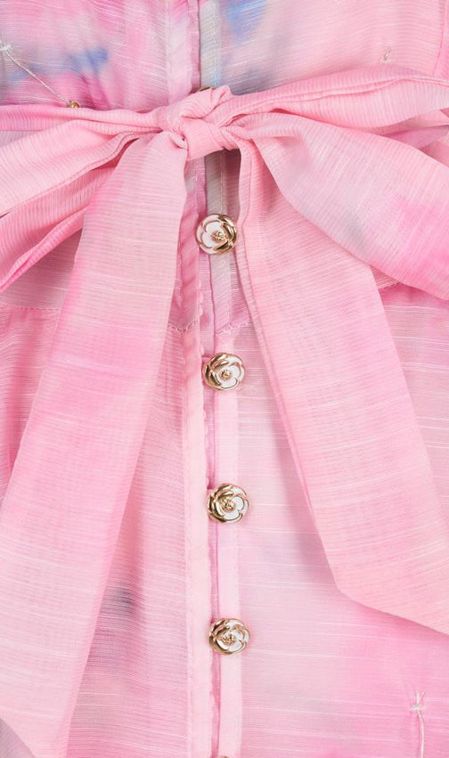 Karli Romantic Pink Floral Puff-Sleeve Maxi Dress | Elegant Chiffon Gown