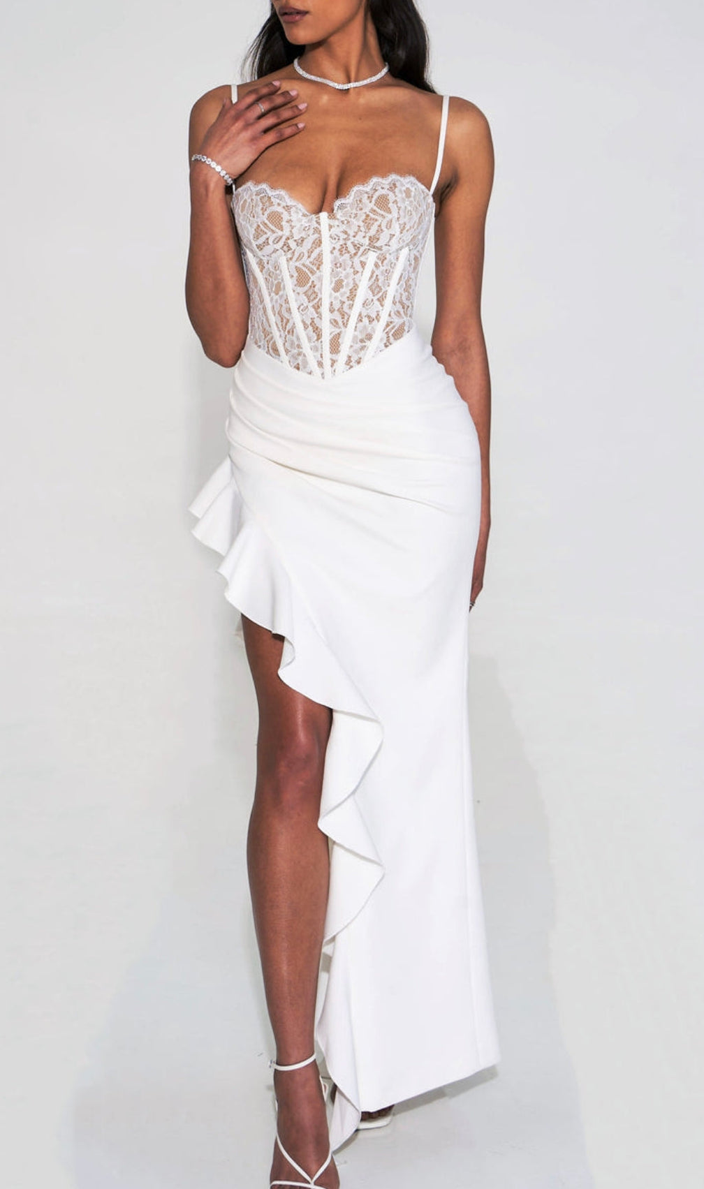 Arlette Lace Asymmetric Ruffle Midi Dress