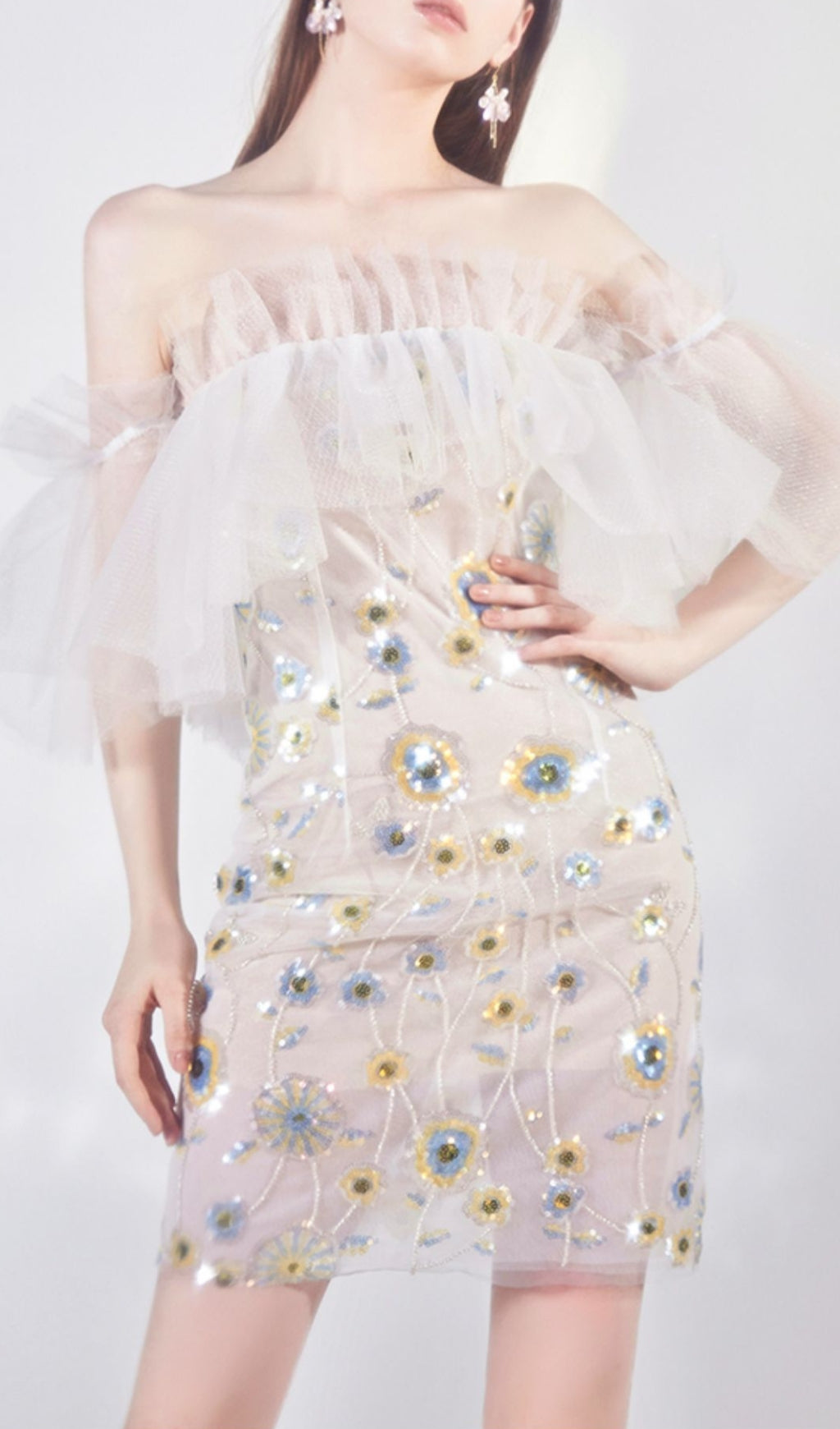 Floral Sequined Mini Dress In White