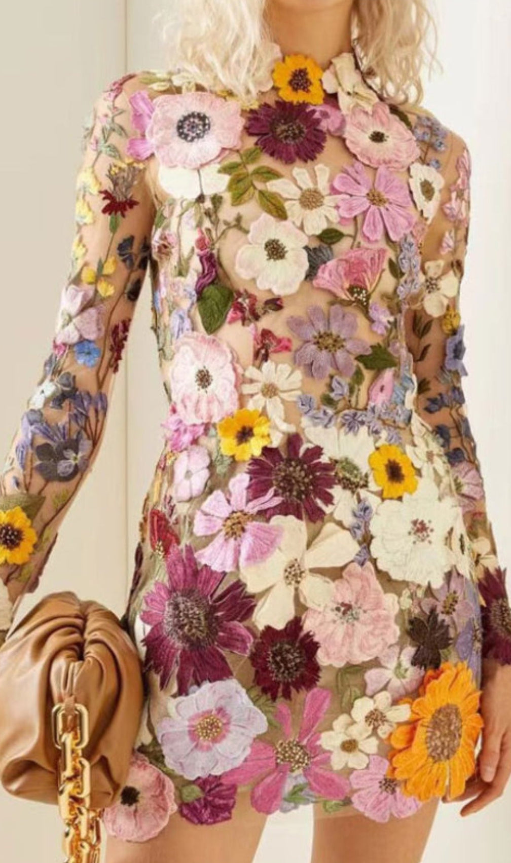 Embroidered Lace Half High Collar Mini Dress