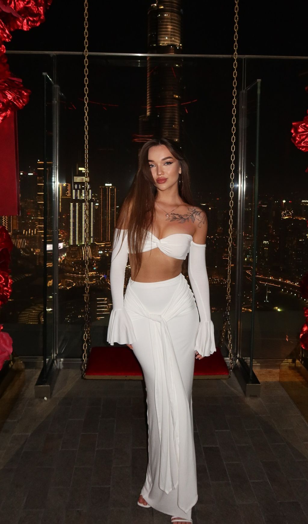 Hessa White Resort Chic Two-Piece Set | Strapless Top, Tie-Waist Pants & Statement Sleeves