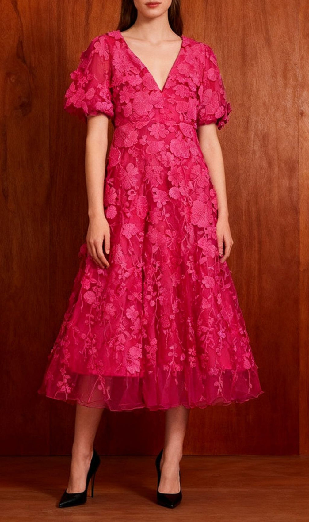 Enchanting Ilka Pink Floral Embroidered Midi Dress for Women