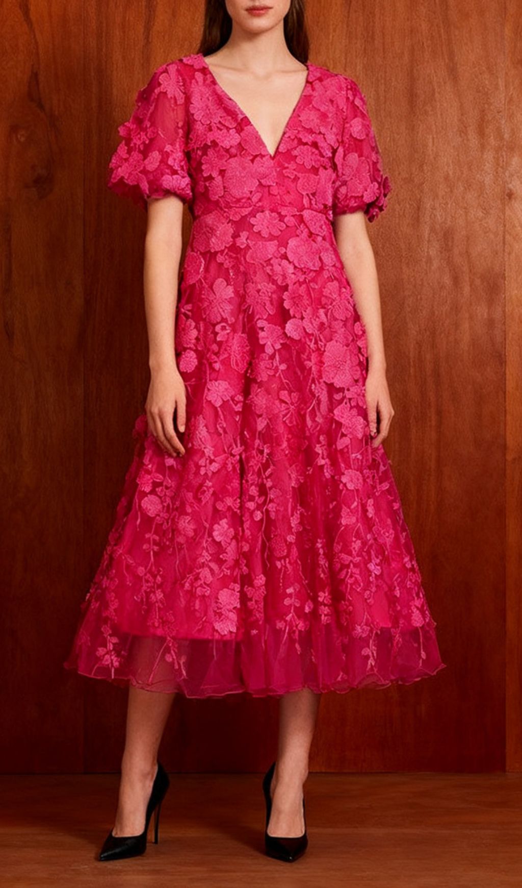 Enchanting Ilka Pink Floral Embroidered Midi Dress for Women