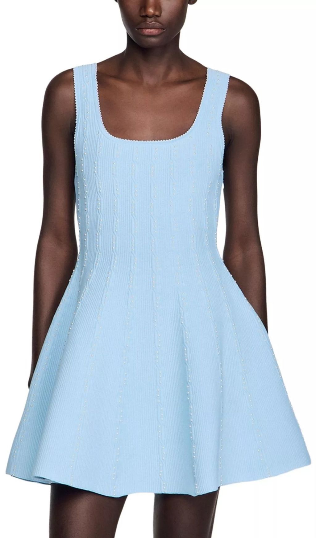 Effortless Chic: Light Blue Pointelle Knit Mini Dress – Scoop Neck & Flared Skirt