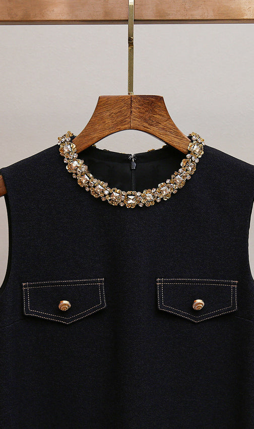 Hatsu Dark Blue Embellished Mini Dress with Diamante Collar & Belt