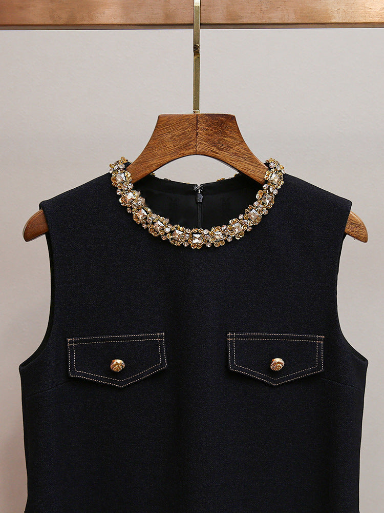 Hatsu Dark Blue Embellished Mini Dress with Diamante Collar & Belt