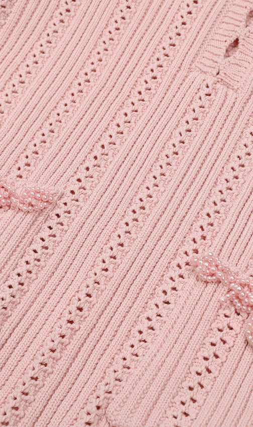 Elegant Pink Beaded Knit Mini Dress | Long Sleeve & Flattering Fit