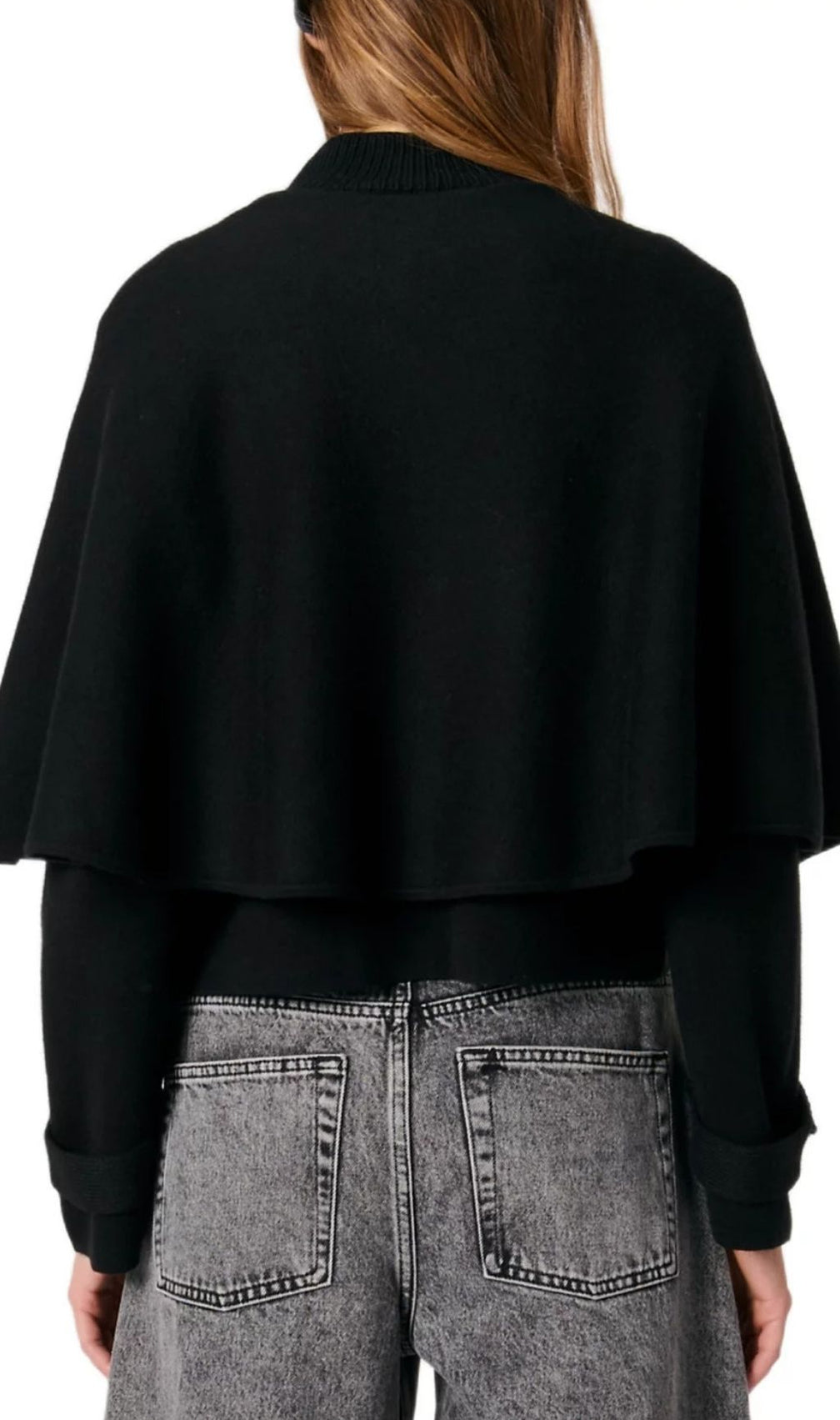 Chic Black Cape Effect Cardigan with Gold Clover Buttons