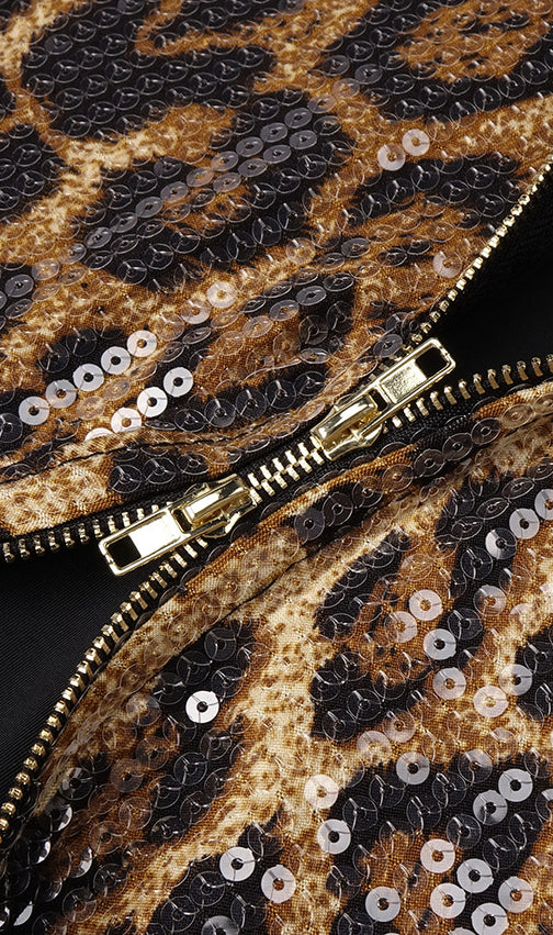 Jarrell Dazzling Leopard Sequin Maxi Gown with Dramatic Cape
